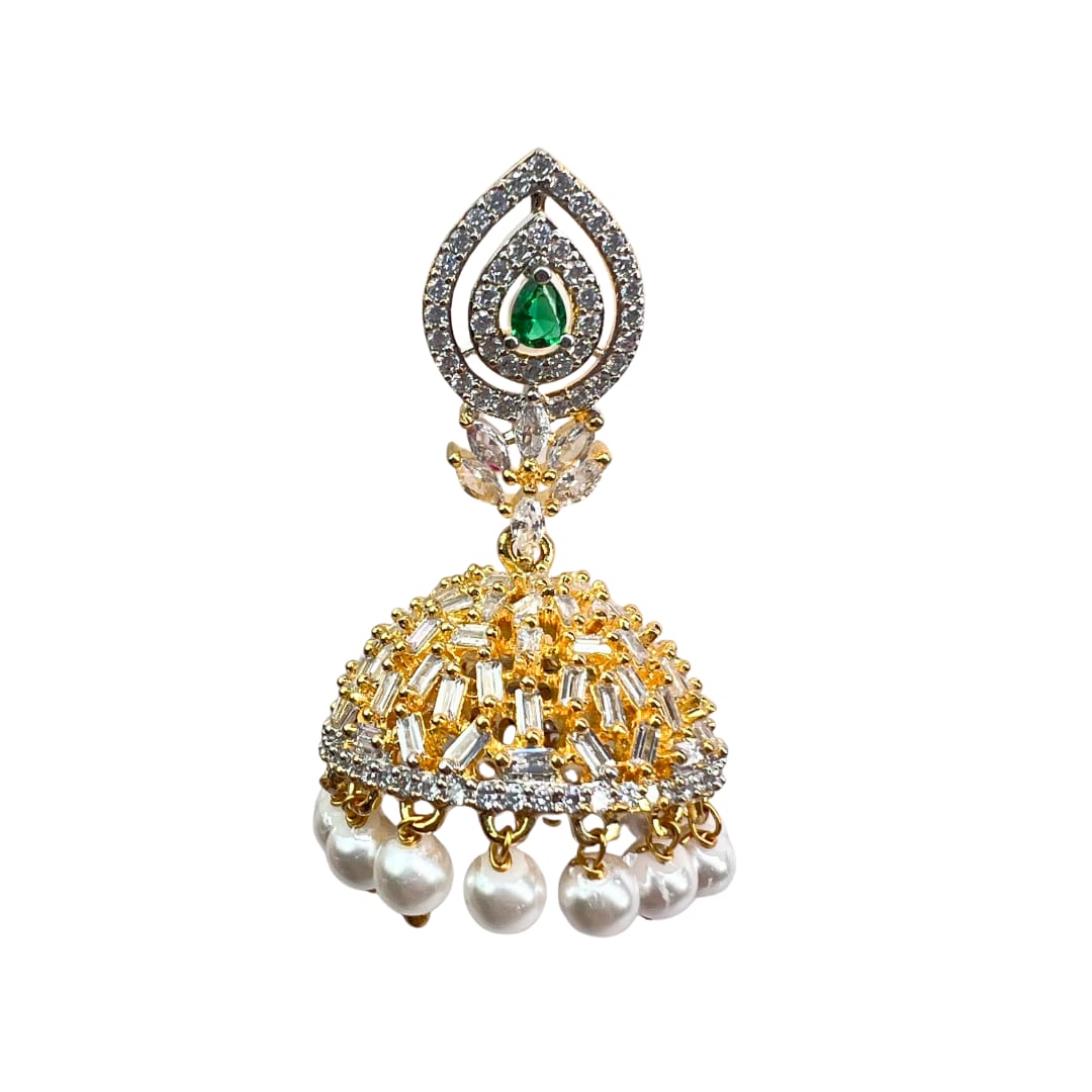 Majestic Gold-Toned American Diamond Jhumka with Emerald and Pearl Accents