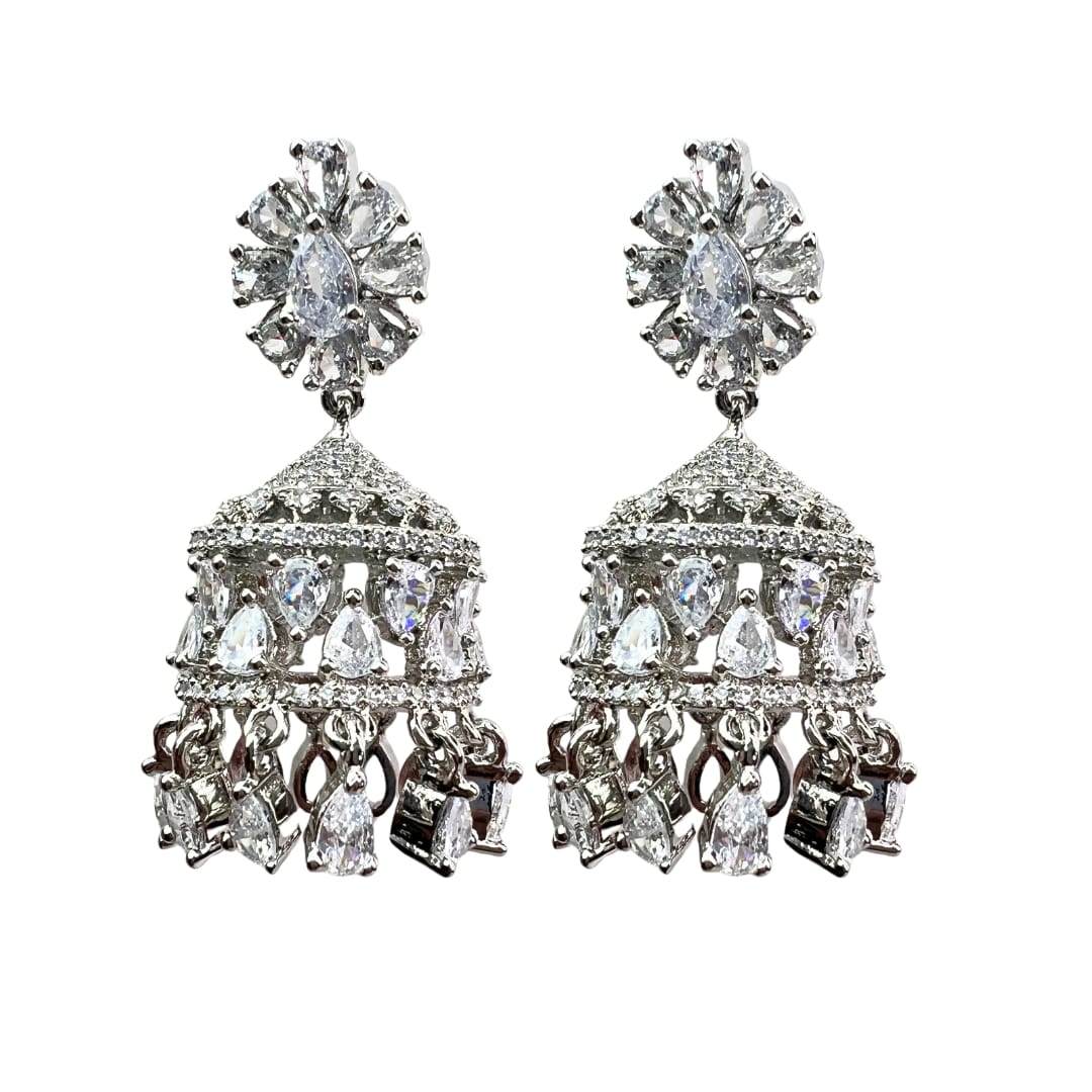 Silver & White American Diamond Jhumka with Floral Stud – Dazzling Party Wear