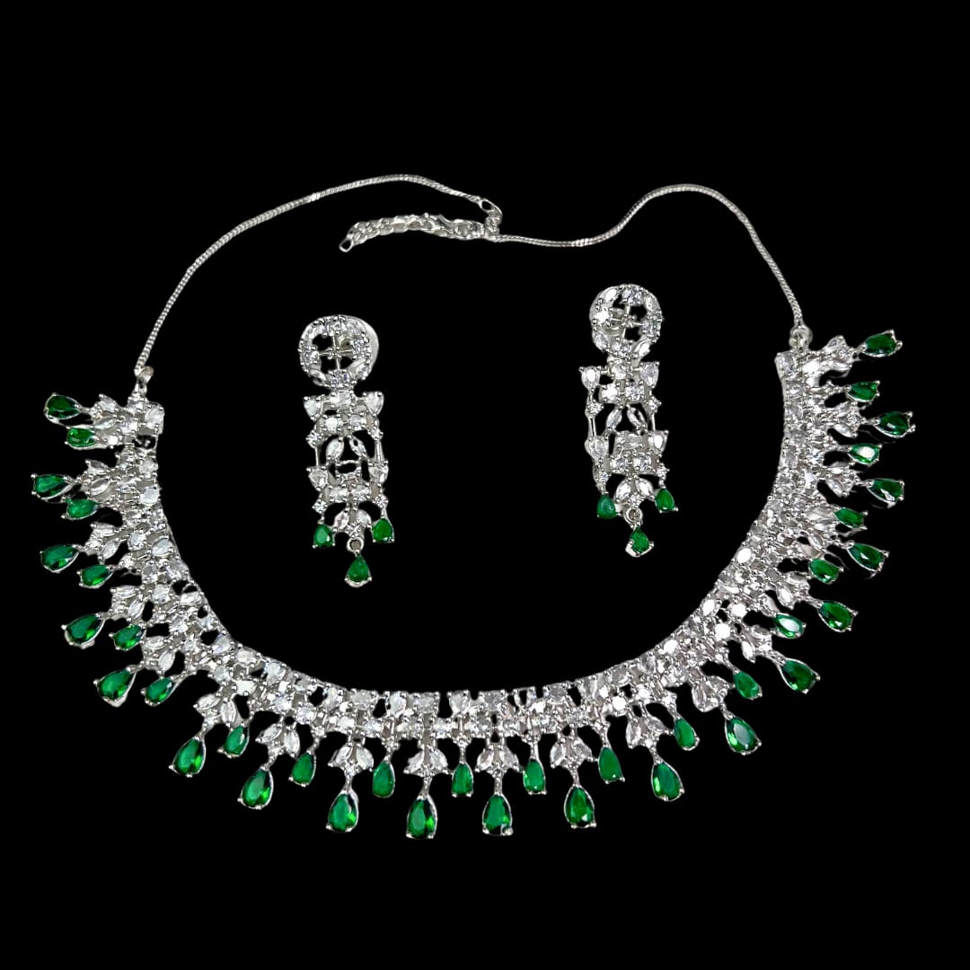 Exquisite American Diamond Necklace Set with Emerald Green Drops: A Fusion of Classic and Modern Elegance