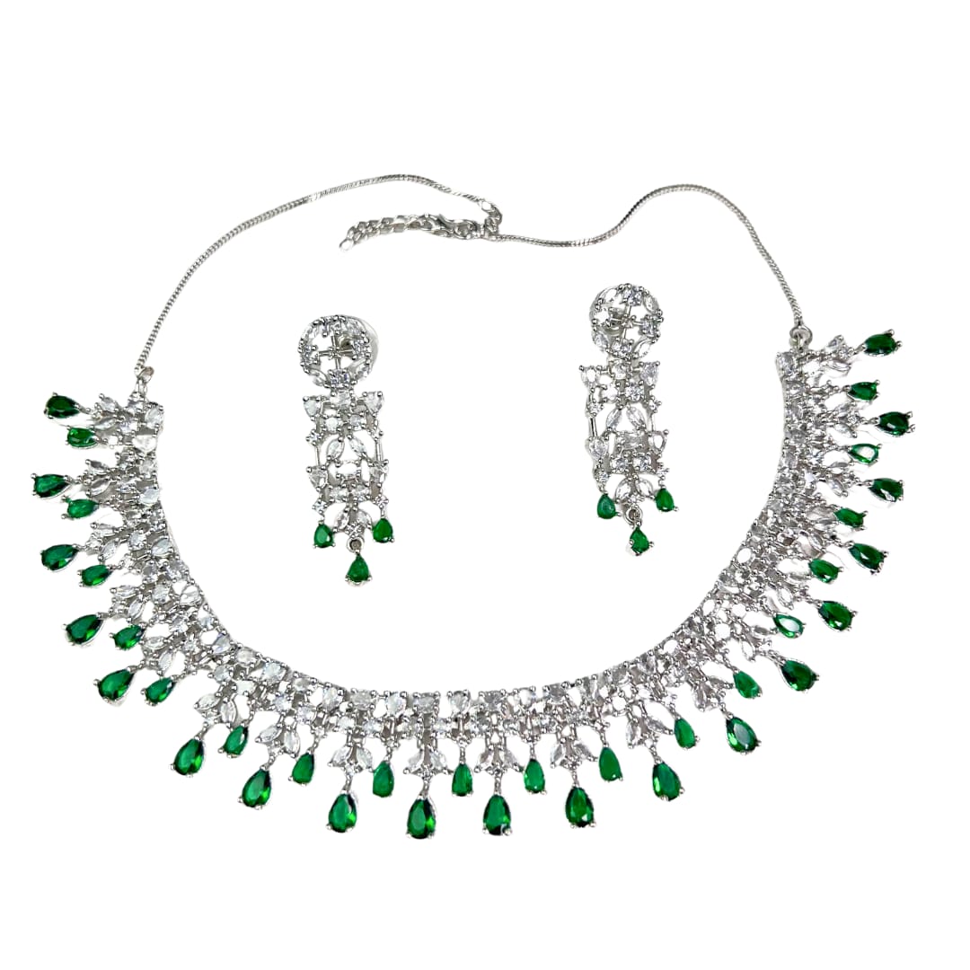 Exquisite American Diamond Necklace Set with Emerald Green Drops: A Fusion of Classic and Modern Elegance