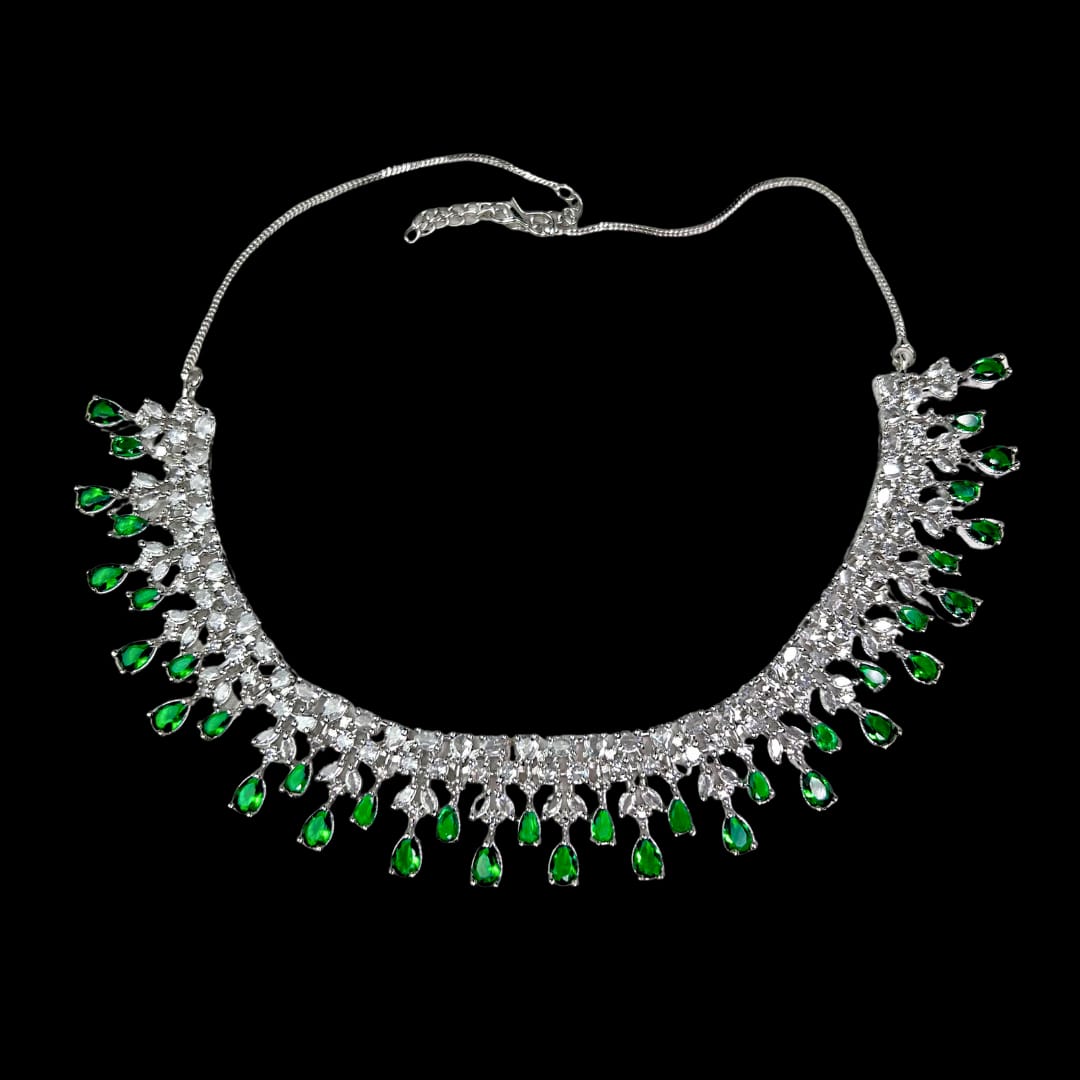 Exquisite American Diamond Necklace Set with Emerald Green Drops: A Fusion of Classic and Modern Elegance