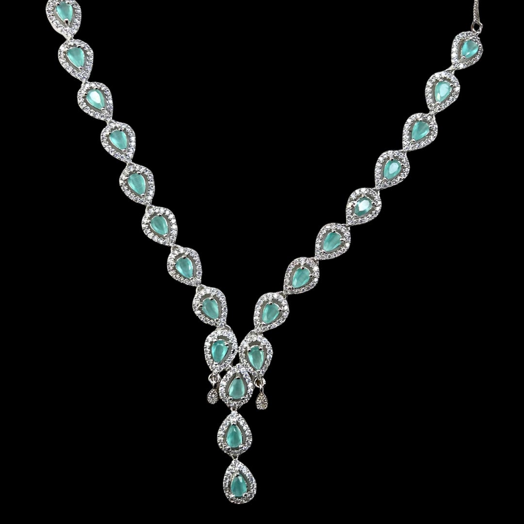Mint green American Diamond Necklace Set with Pear-Shaped Accents