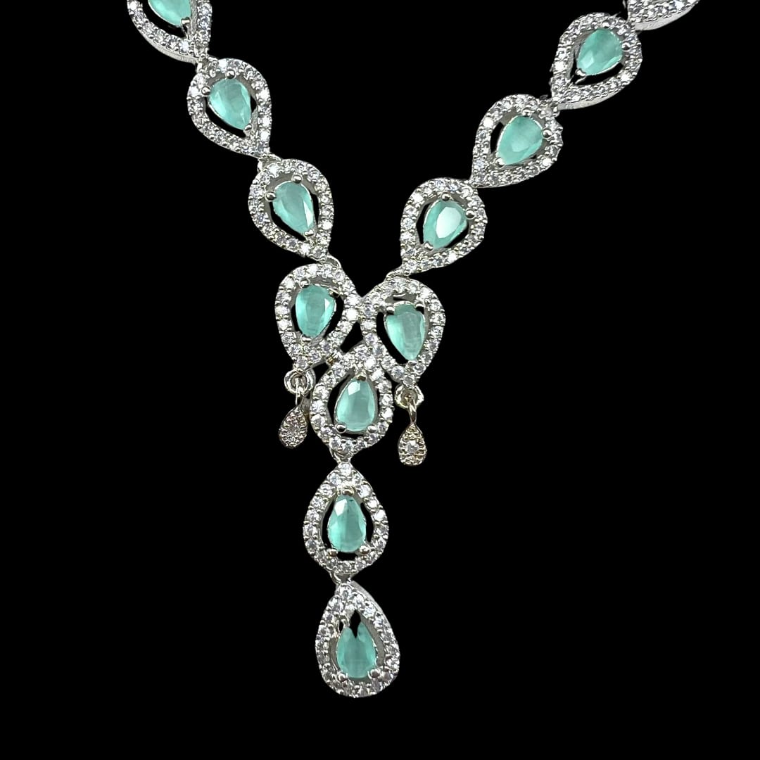 Mint green American Diamond Necklace Set with Pear-Shaped Accents