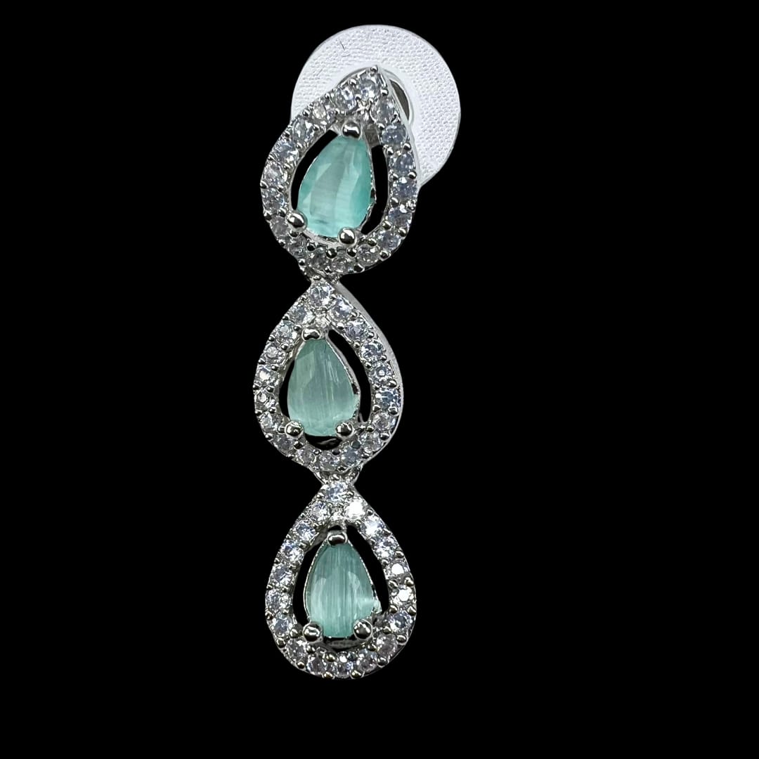 Mint green American Diamond Necklace Set with Pear-Shaped Accents