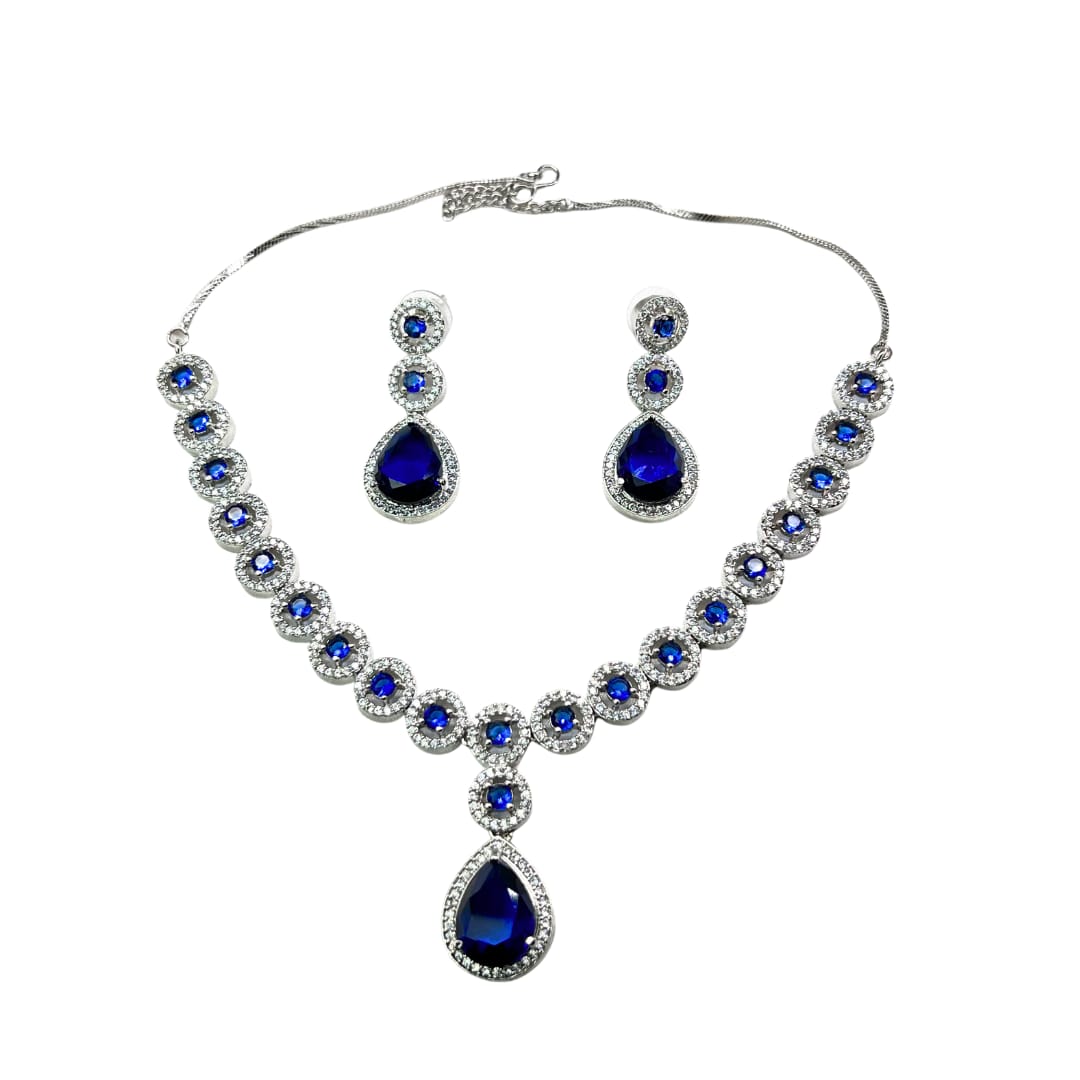 Majestic American Diamond Choker & Earrings Set with Deep Blue Drops