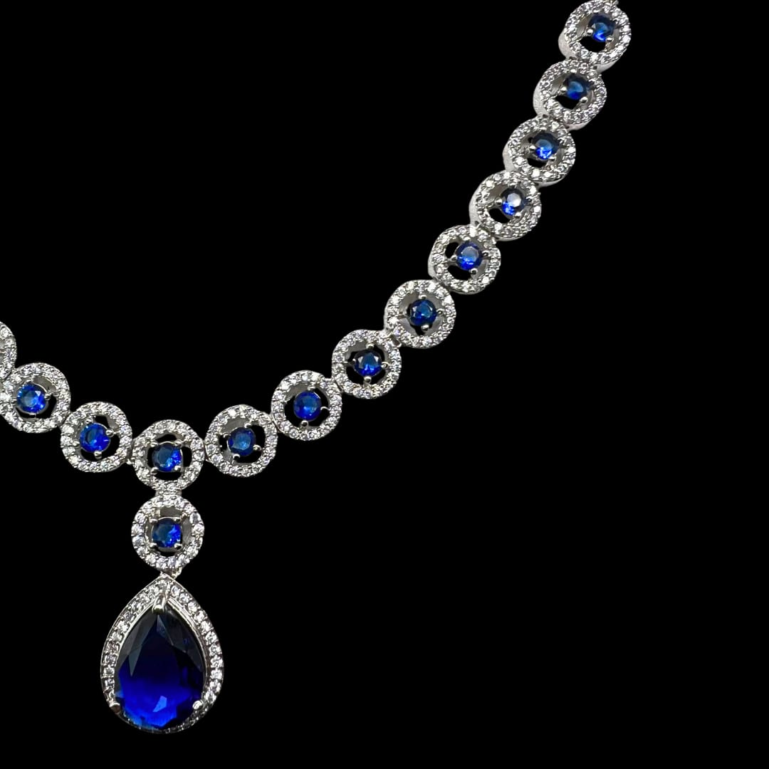 Majestic American Diamond Choker & Earrings Set with Deep Blue Drops