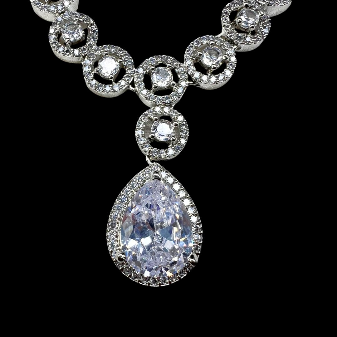 Timeless Pear-Cut American Diamond Necklace and Earrings Set: Exquisite Occasion Jewellery