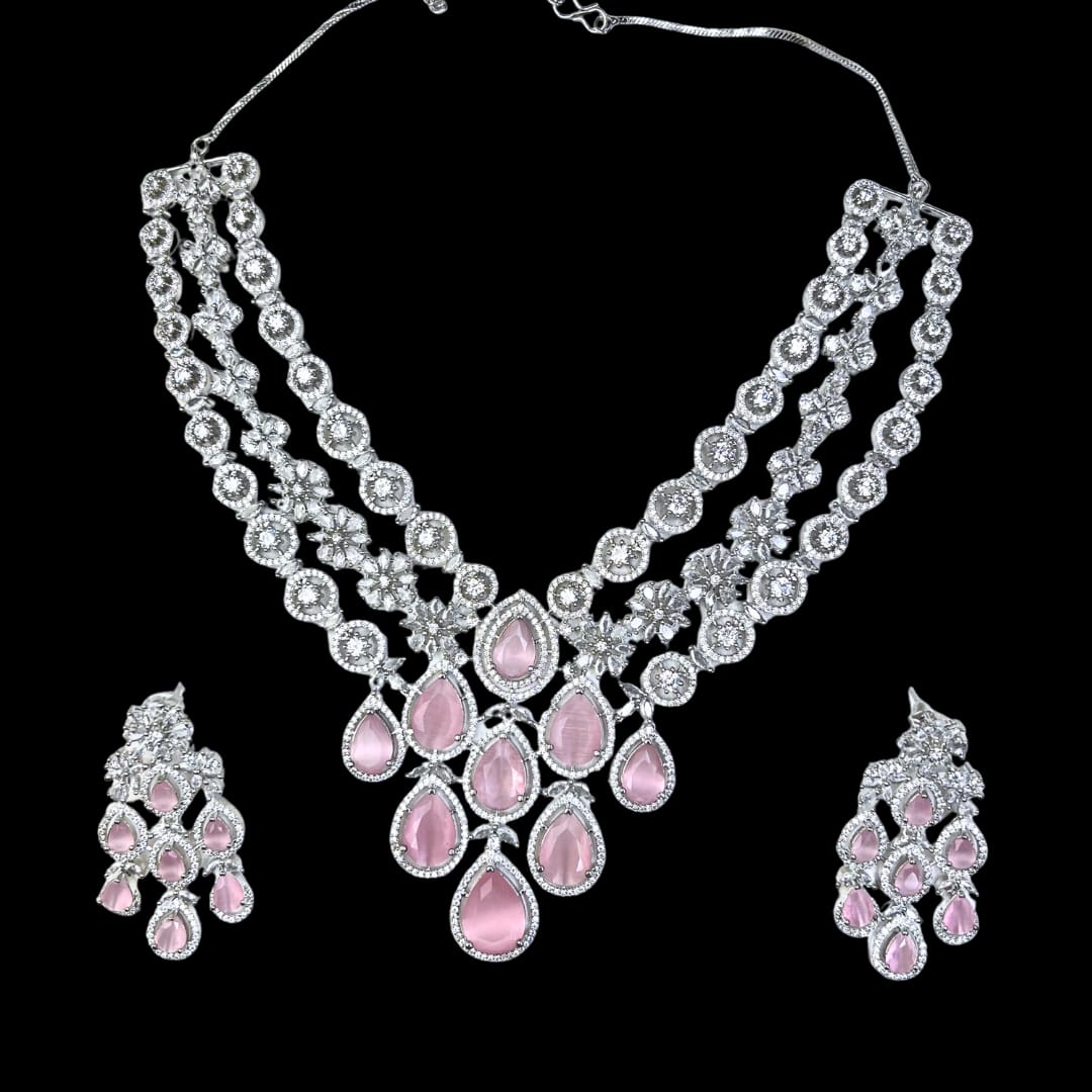 Radiant Pink and White American Diamond Necklace Set with Earring