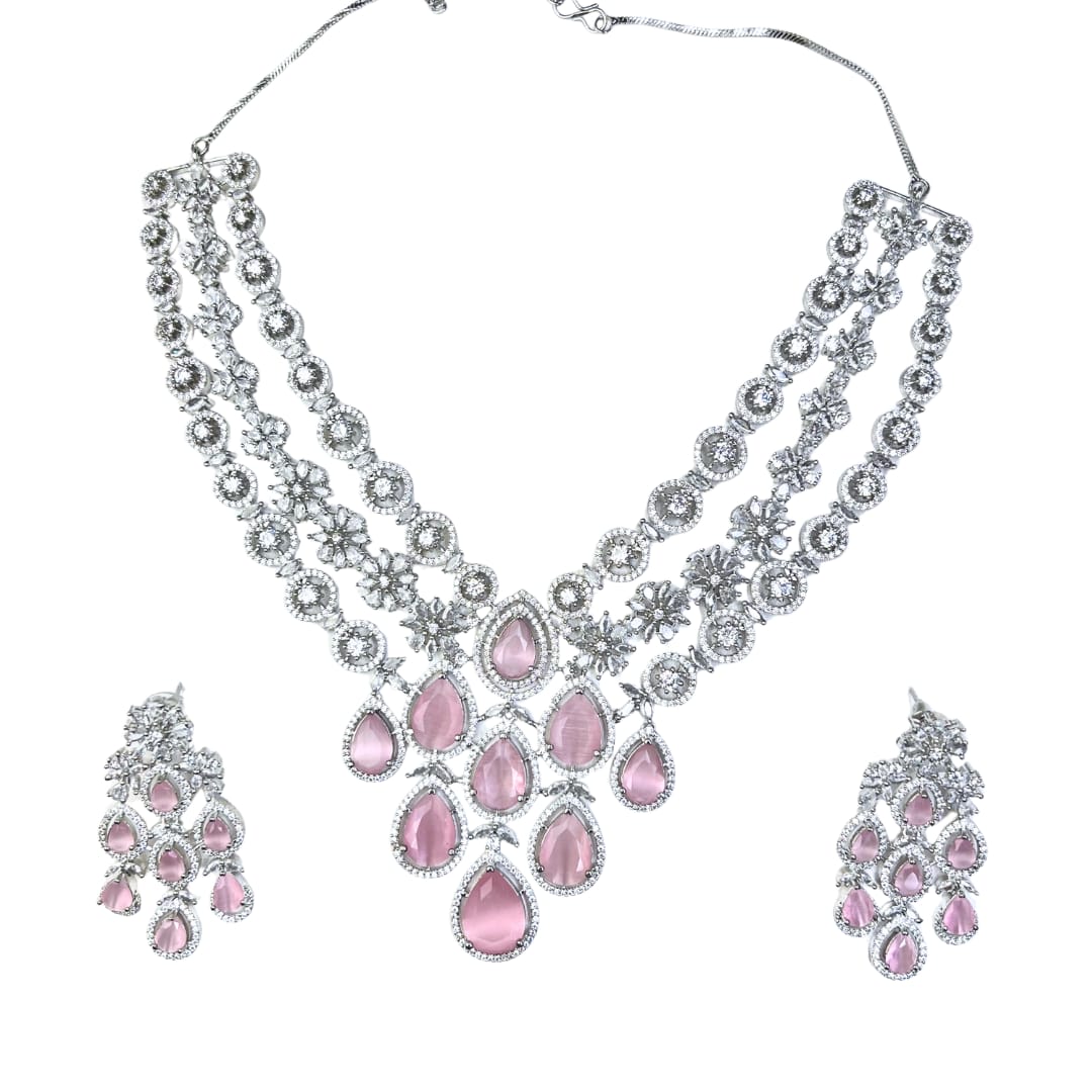 Radiant Pink and White American Diamond Necklace Set with Earring