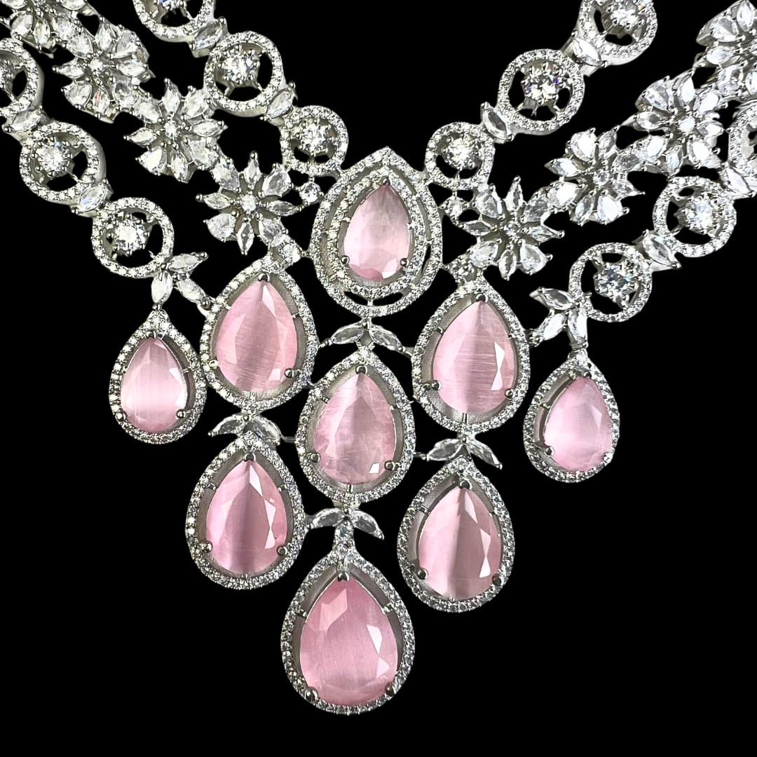 Radiant Pink and White American Diamond Necklace Set with Earring