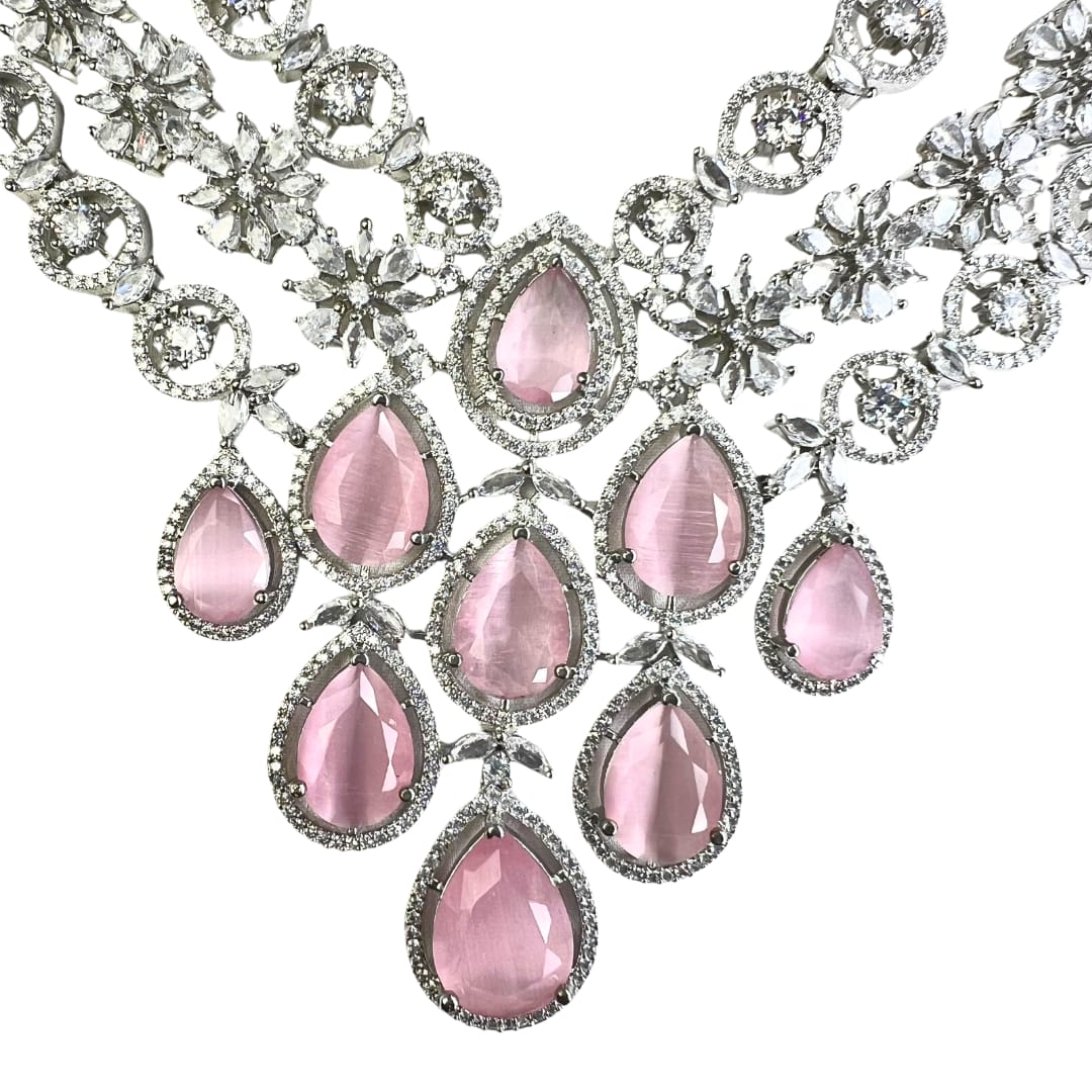 Radiant Pink and White American Diamond Necklace Set with Earring