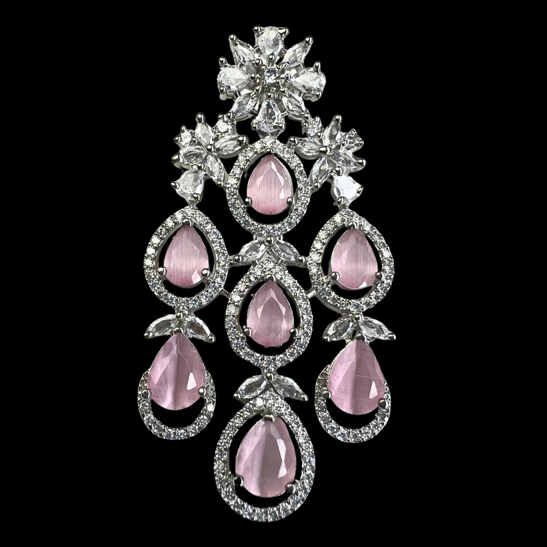 Radiant Pink and White American Diamond Necklace Set with Earring