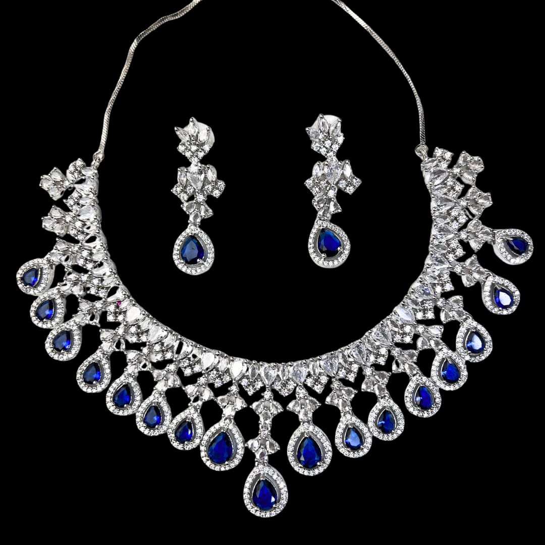 Majestic American Diamond Necklace Set with Sapphire Blue Stones