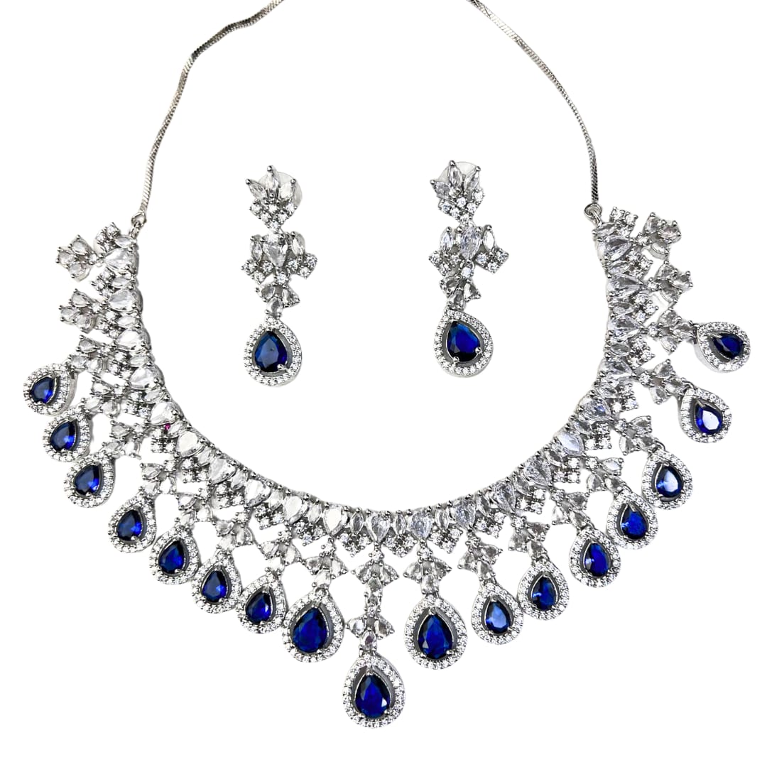 Majestic American Diamond Necklace Set with Sapphire Blue Stones
