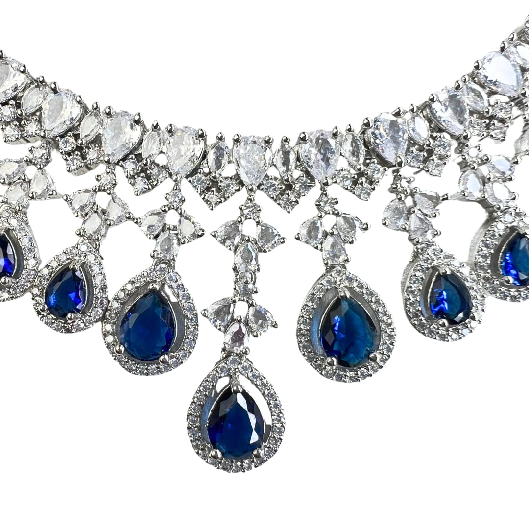 Majestic American Diamond Necklace Set with Sapphire Blue Stones