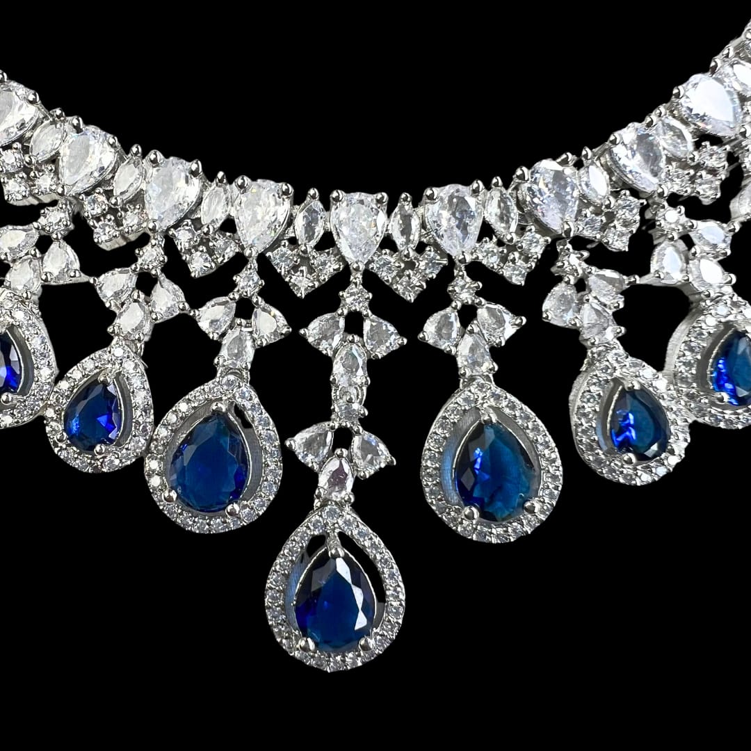 Majestic American Diamond Necklace Set with Sapphire Blue Stones