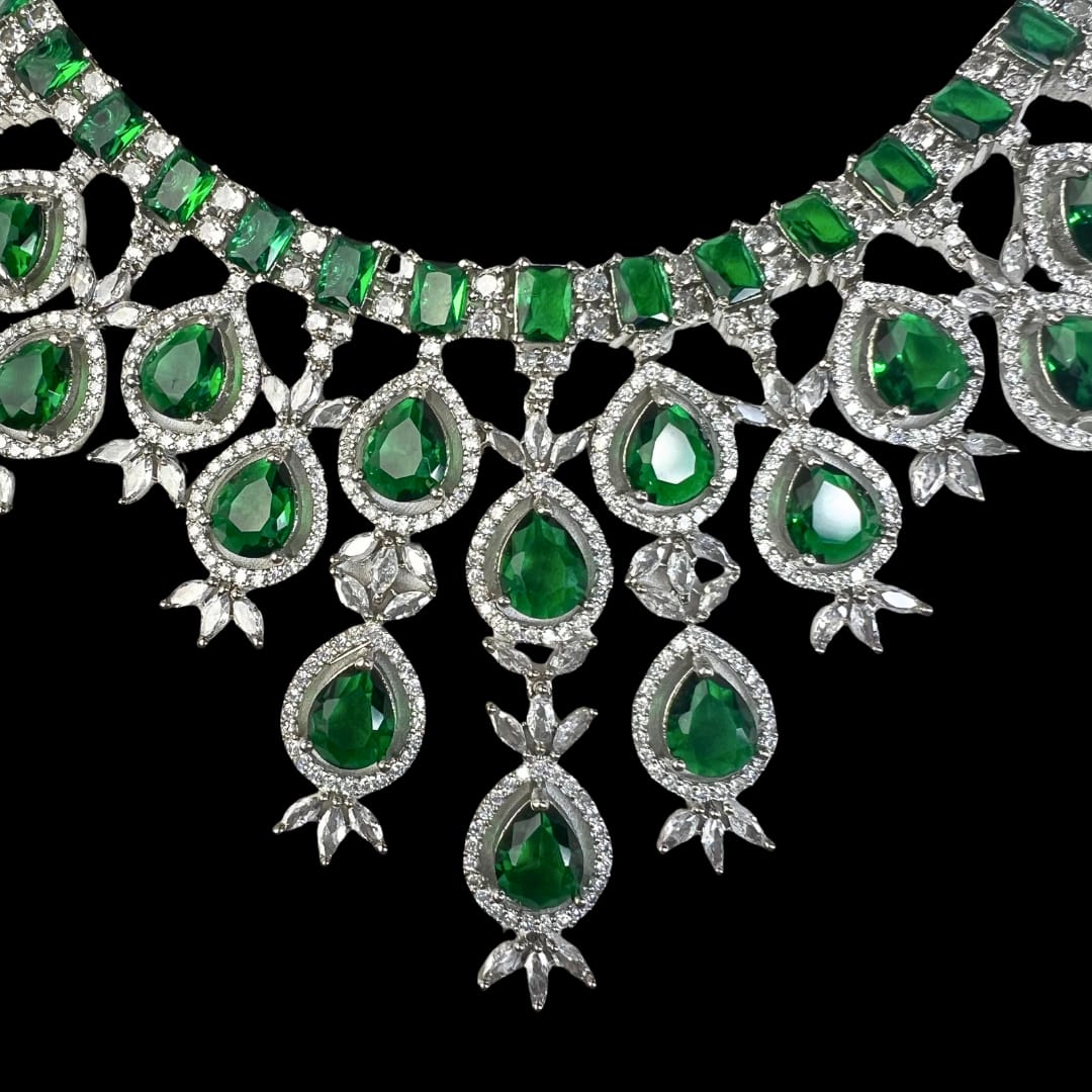 Glamorous Green American Diamond Necklace with mangteeka and earring set