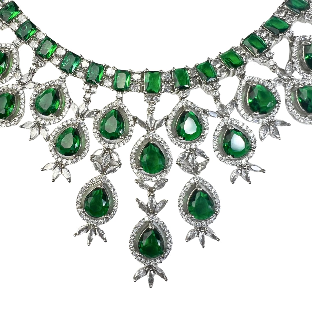 Glamorous Green American Diamond Necklace with mangteeka and earring set