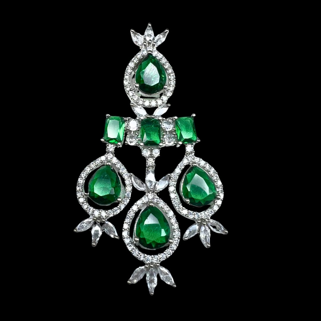 Glamorous Green American Diamond Necklace with mangteeka and earring set
