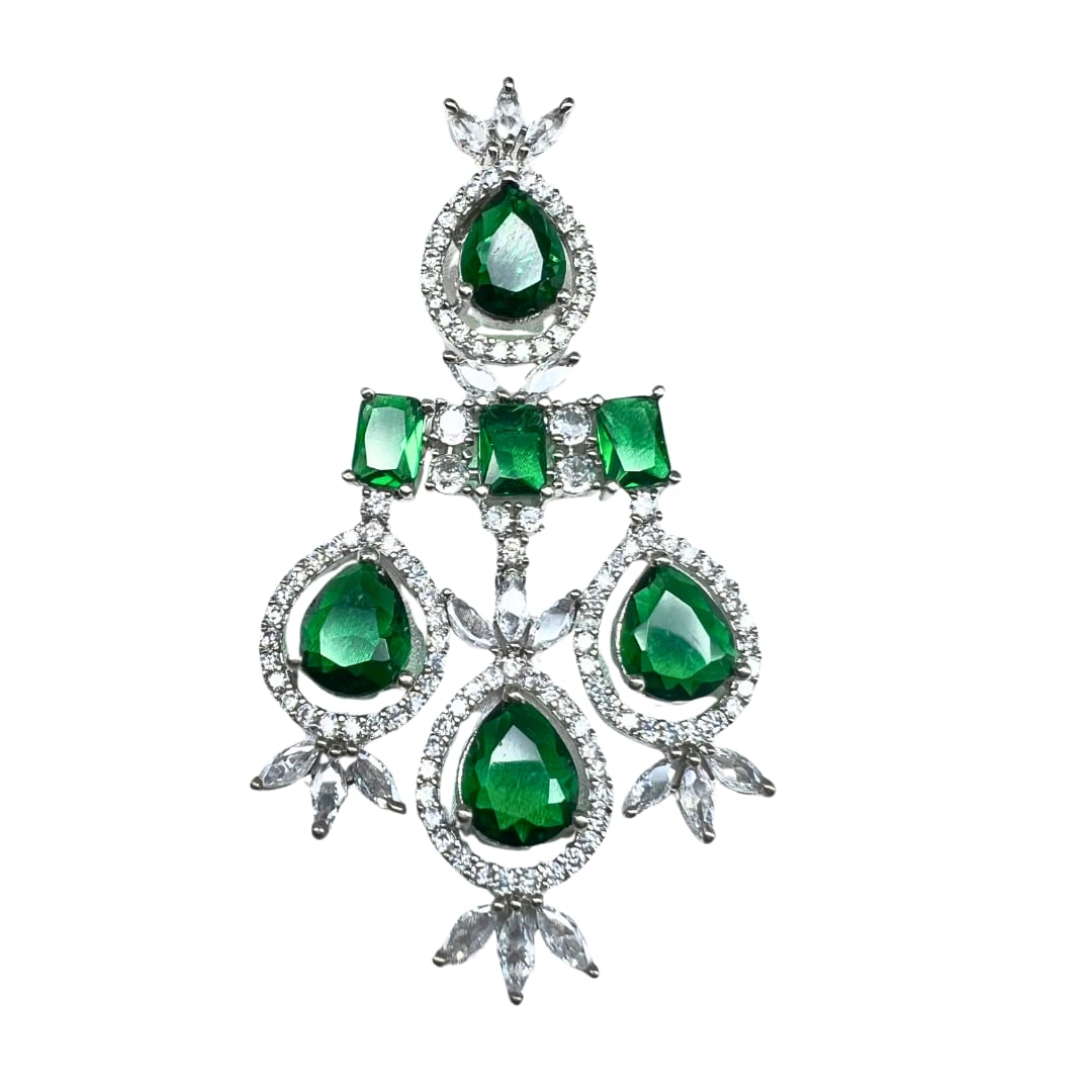 Glamorous Green American Diamond Necklace with mangteeka and earring set
