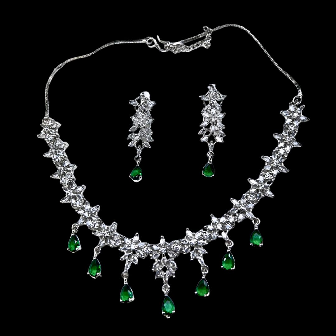 Delicate Floral American Diamond Necklace Set with Green Drops