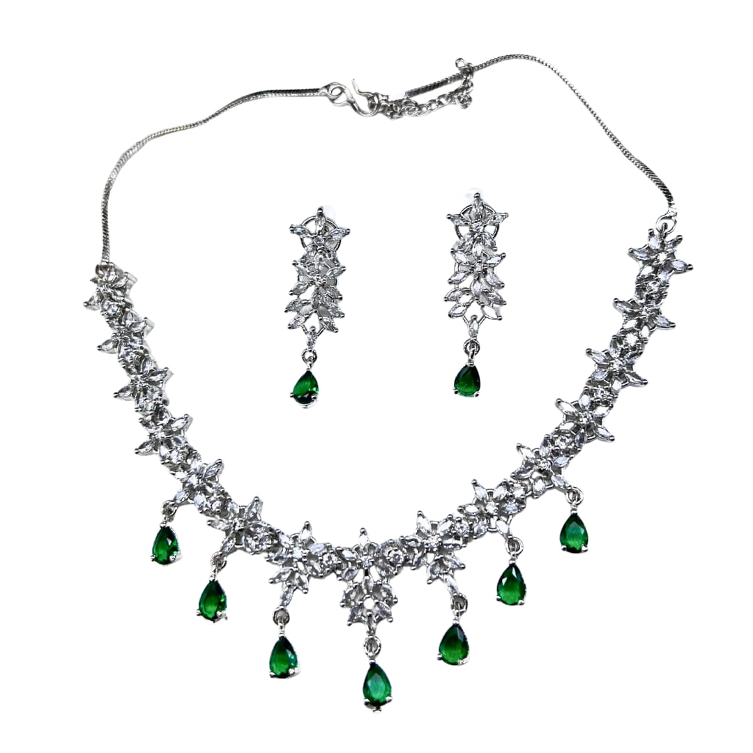Delicate Floral American Diamond Necklace Set with Green Drops