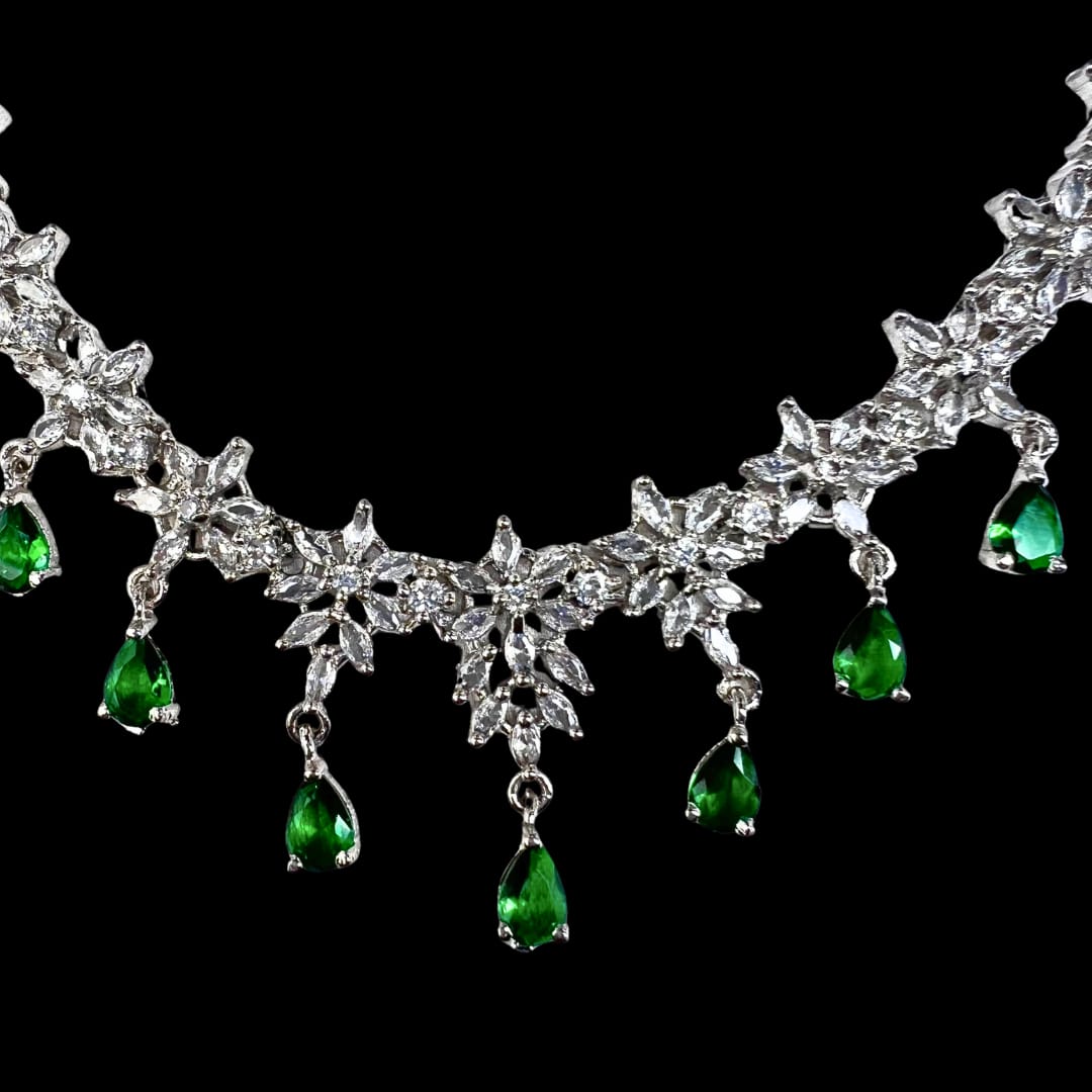 Delicate Floral American Diamond Necklace Set with Green Drops