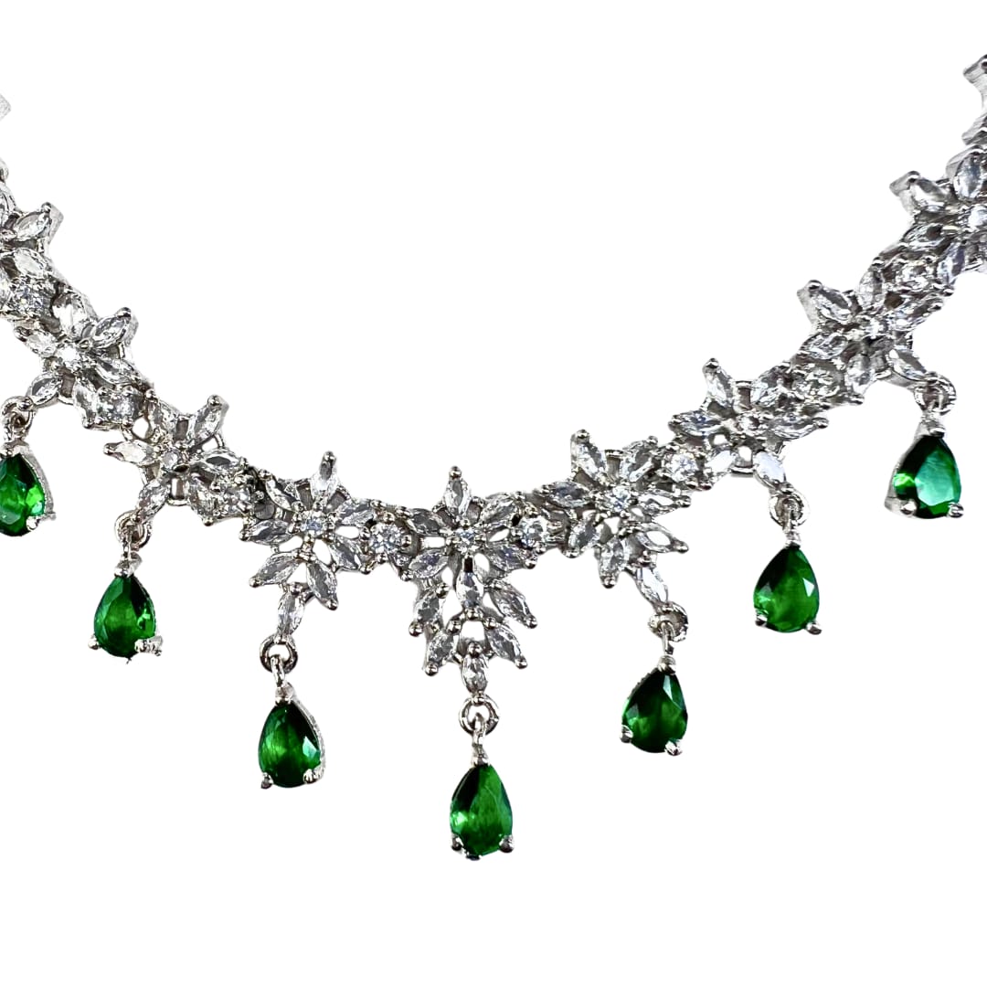 Delicate Floral American Diamond Necklace Set with Green Drops