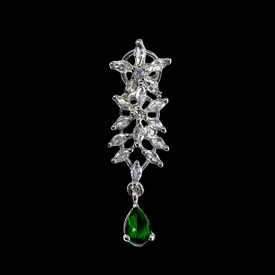 Delicate Floral American Diamond Necklace Set with Green Drops