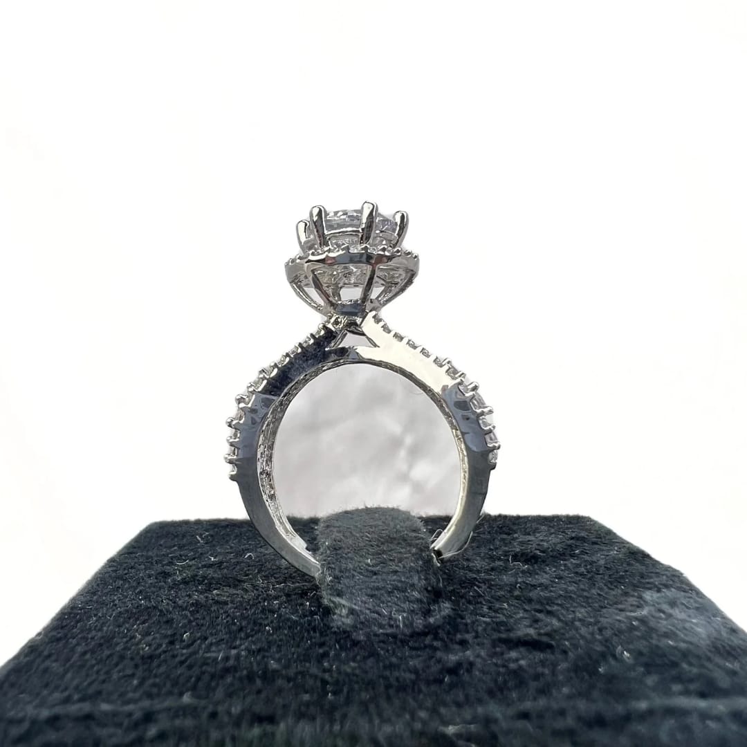 Exquisite American Diamond Halo Ring with Pave Split Shank Design