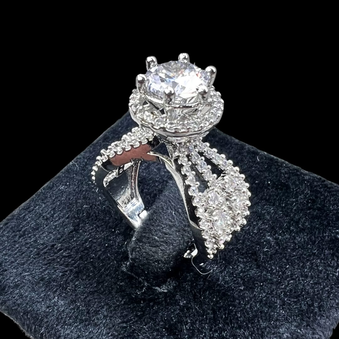Exquisite American Diamond Halo Ring with Pave Split Shank Design