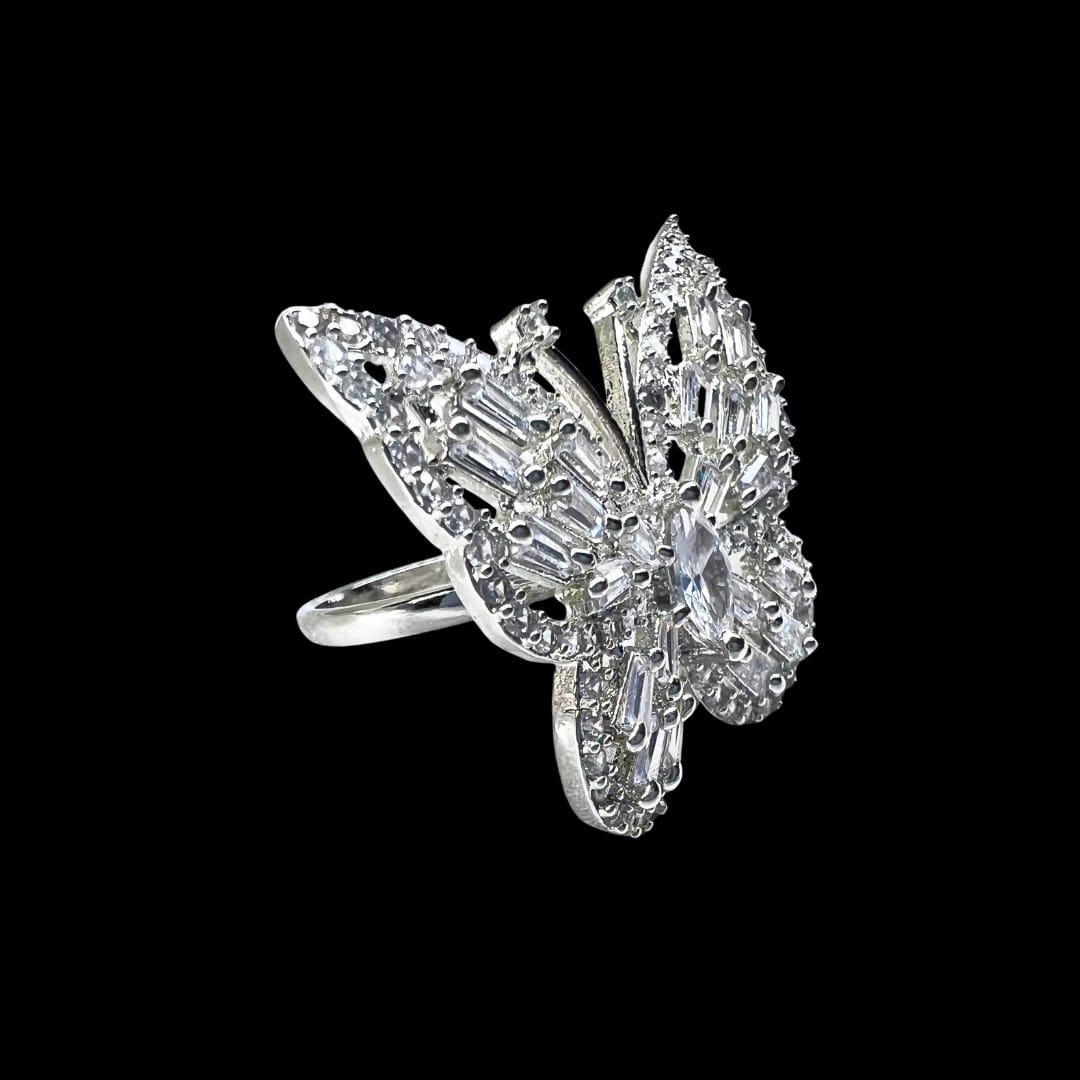 Sparkling Butterfly American Diamond Ring with Baguette and Round Stones