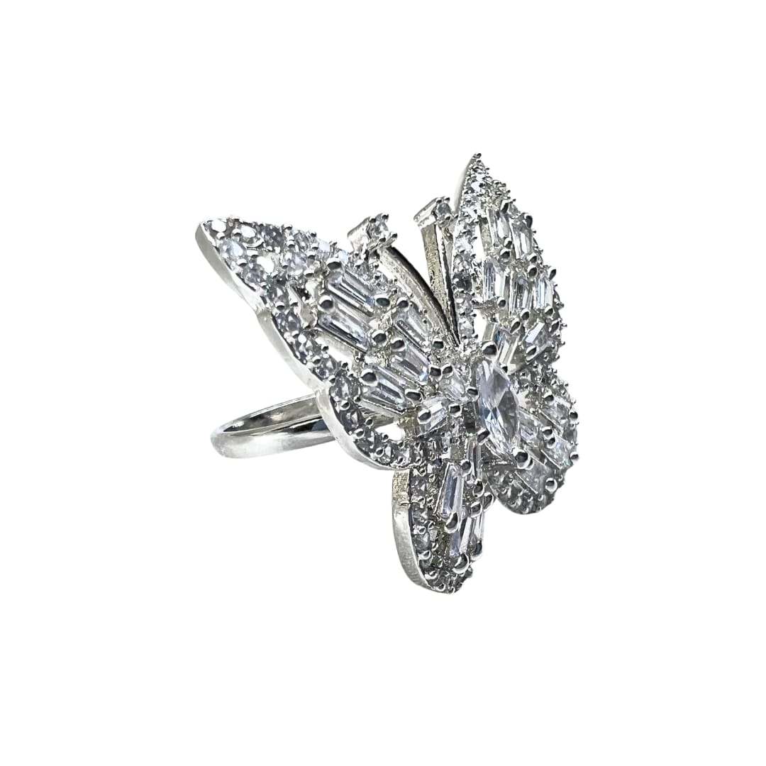 Sparkling Butterfly American Diamond Ring with Baguette and Round Stones