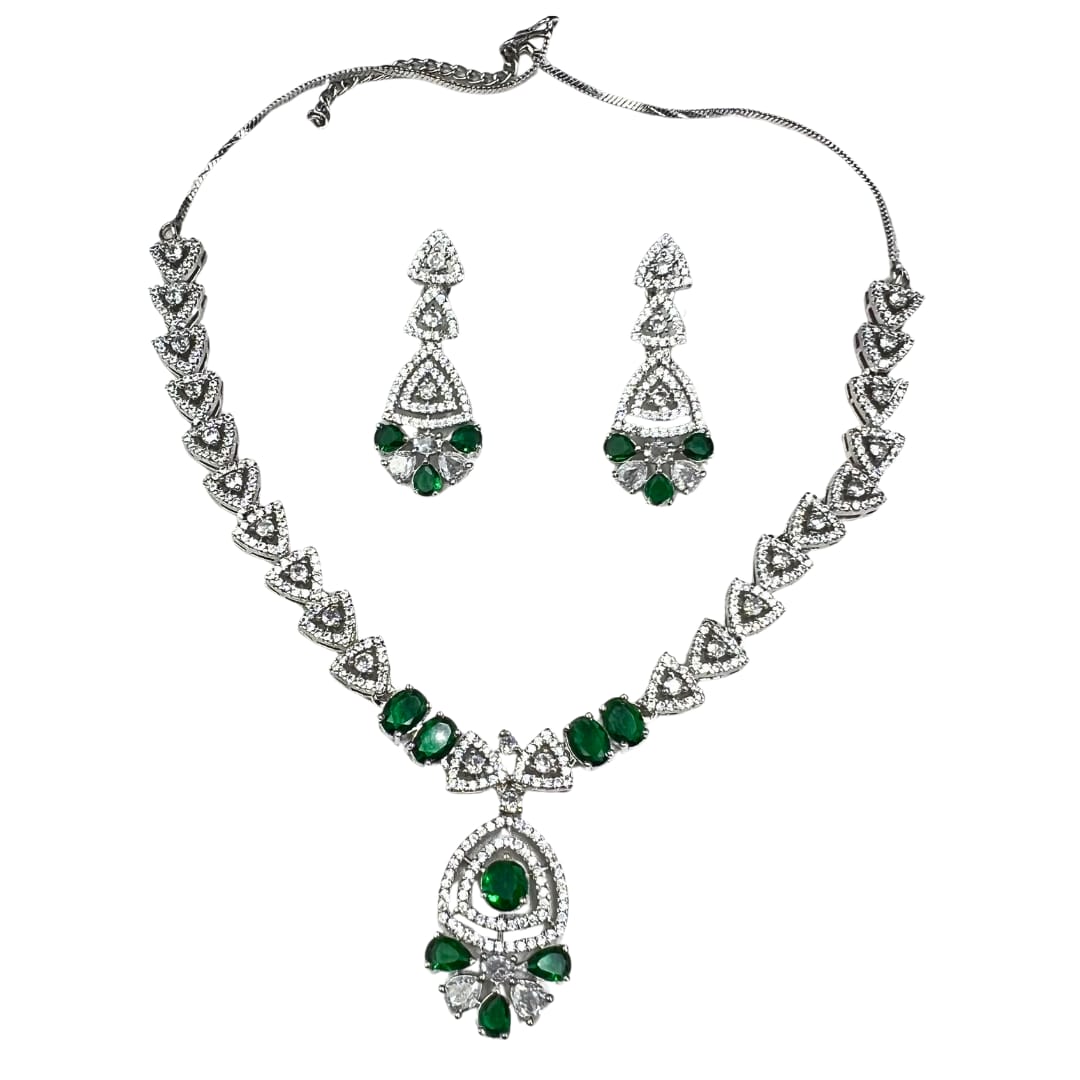 Elegant Green American Diamond Necklace and Earrings Set