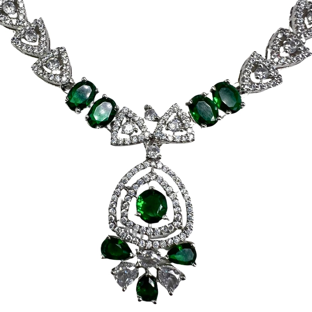 Elegant Green American Diamond Necklace and Earrings Set