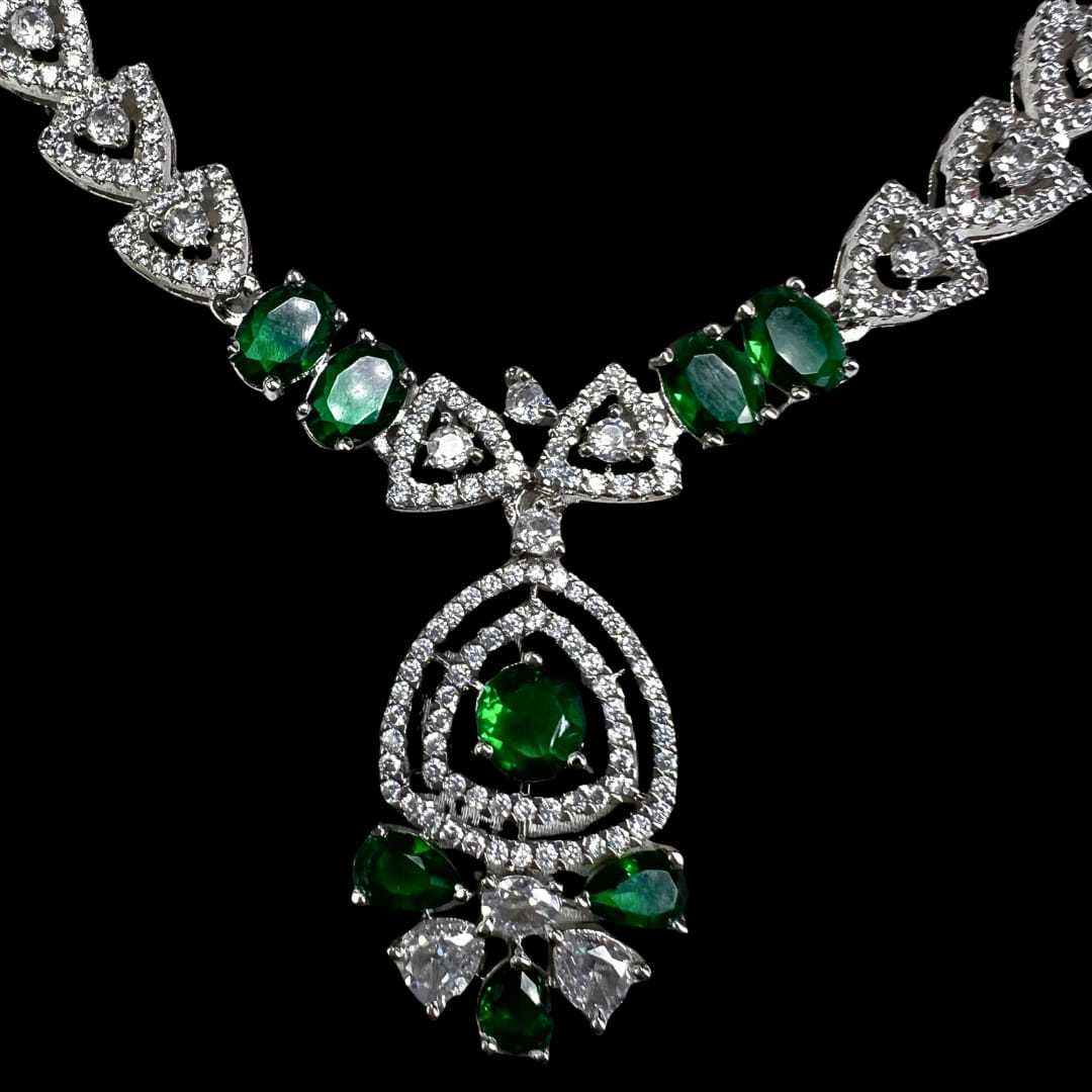 Elegant Green American Diamond Necklace and Earrings Set