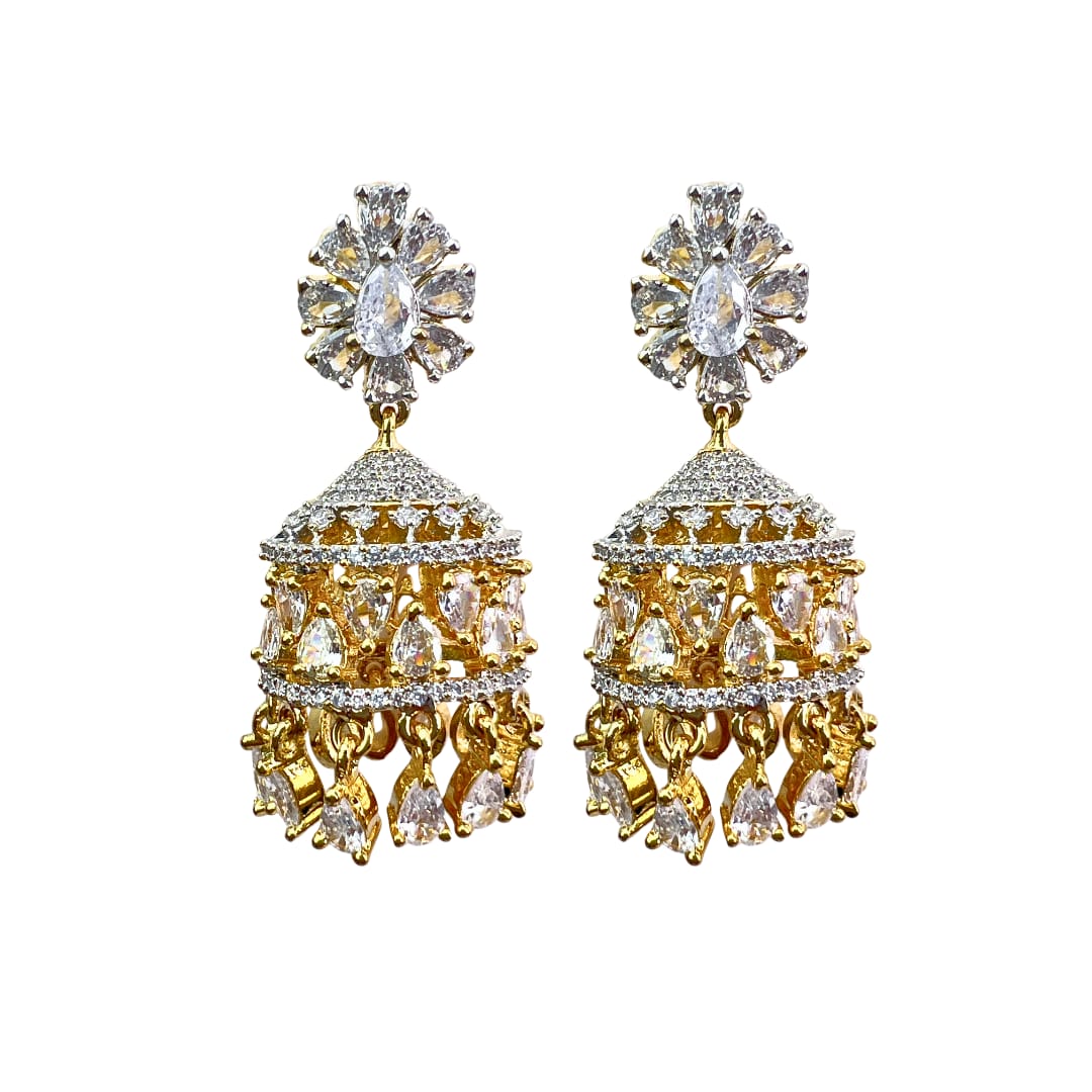 Golden & White American Diamond Jhumka Earrings with Floral Stud – Luxurious & Dazzling Party Wear