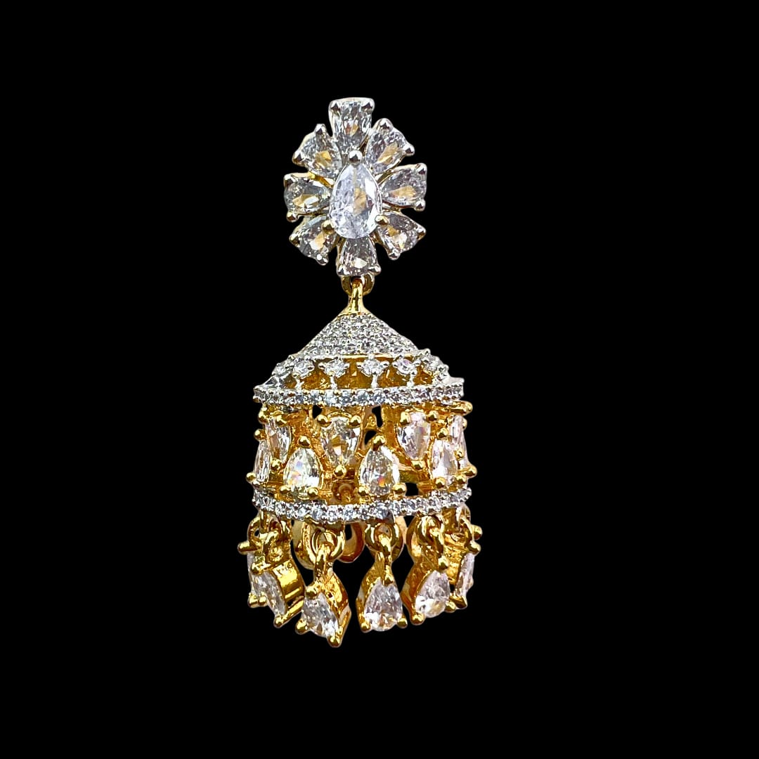 Golden & White American Diamond Jhumka Earrings with Floral Stud – Luxurious & Dazzling Party Wear