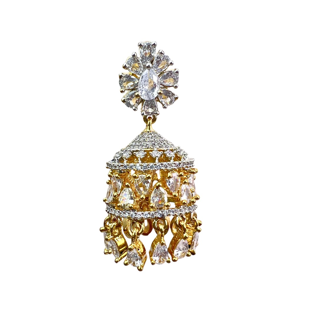 Golden & White American Diamond Jhumka Earrings with Floral Stud – Luxurious & Dazzling Party Wear