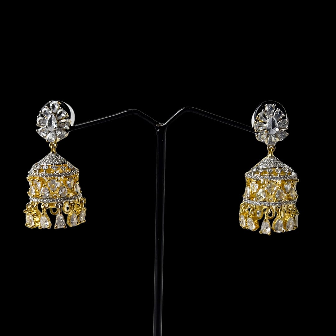 Golden & White American Diamond Jhumka Earrings with Floral Stud – Luxurious & Dazzling Party Wear