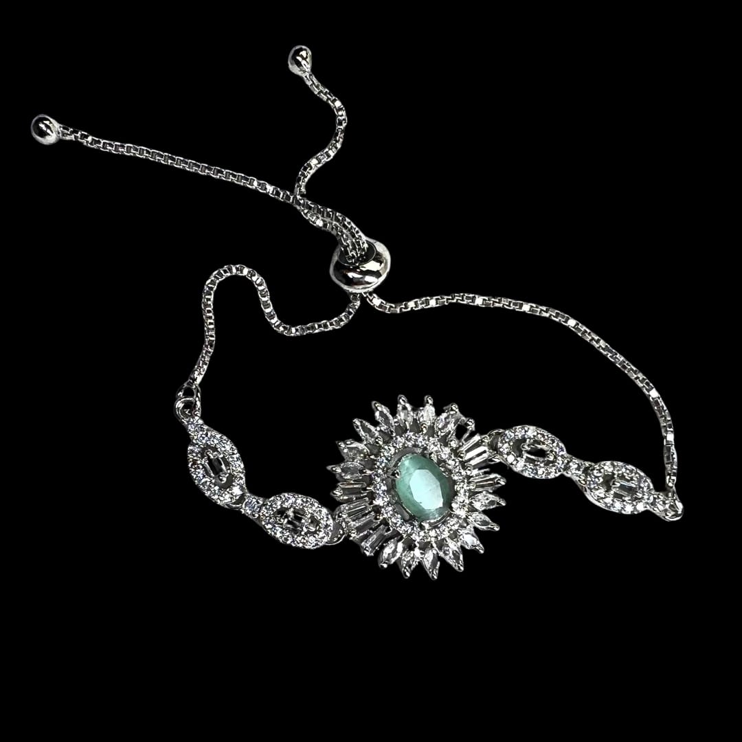 Radiant American Diamond Bracelet with Mint Green Centerpiece - Exquisite Sparkle
