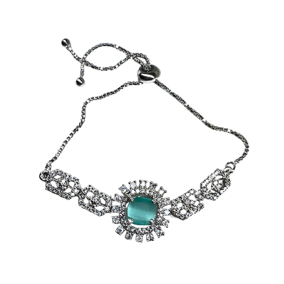 Sparkling American Diamond Bolo Bracelet with Mint Green Centerpiece