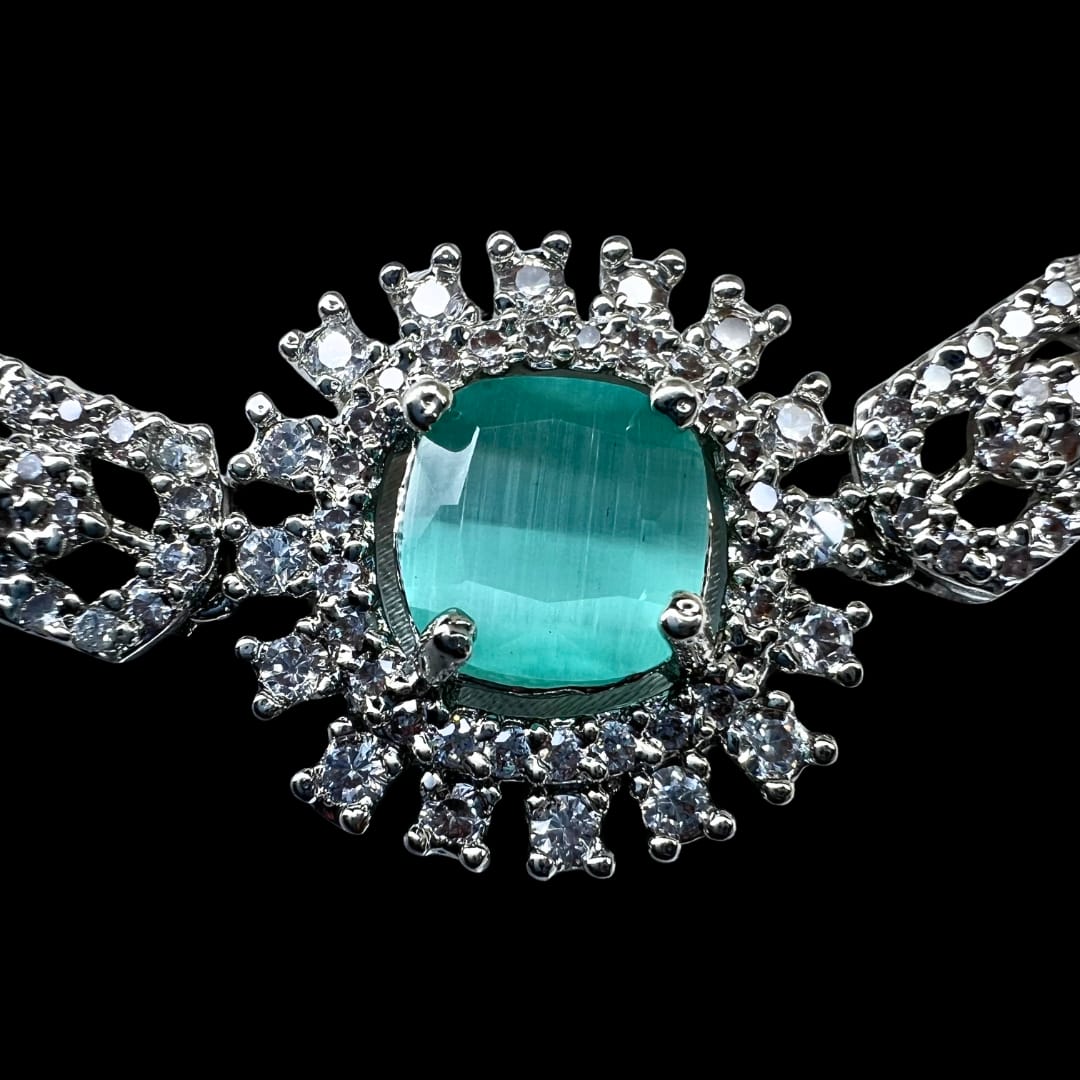 Sparkling American Diamond Bolo Bracelet with Mint Green Centerpiece