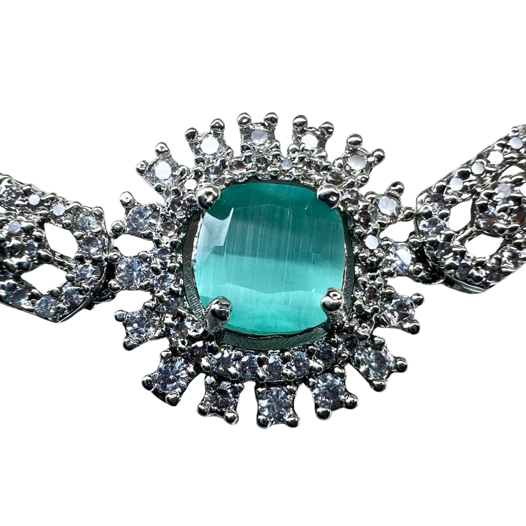 Sparkling American Diamond Bolo Bracelet with Mint Green Centerpiece
