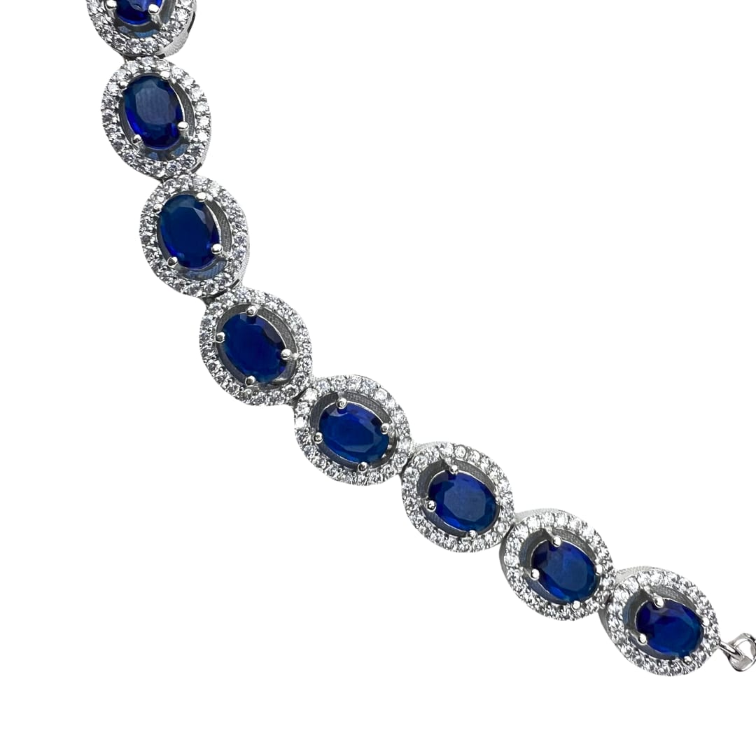 Elegant American Diamond Necklace and Earrings Set with Deep Blue Oval Stones