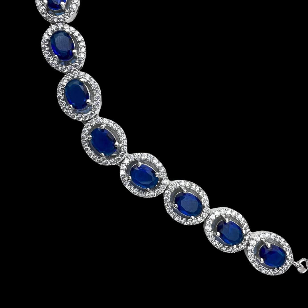 Elegant American Diamond Necklace and Earrings Set with Deep Blue Oval Stones