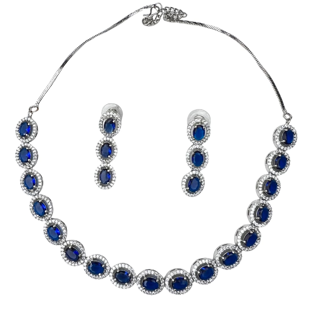 Elegant American Diamond Necklace and Earrings Set with Deep Blue Oval Stones