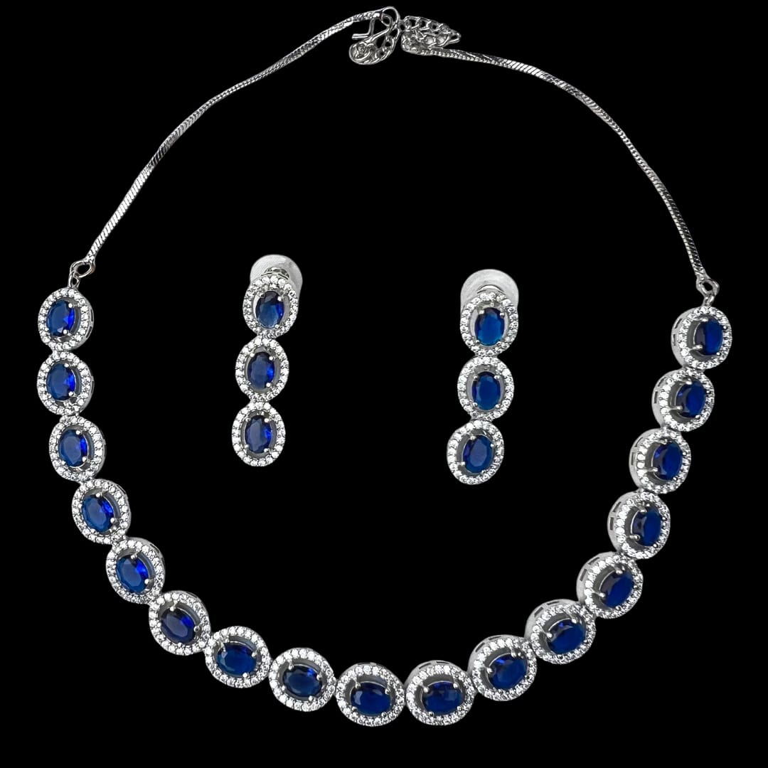 Elegant American Diamond Necklace and Earrings Set with Deep Blue Oval Stones