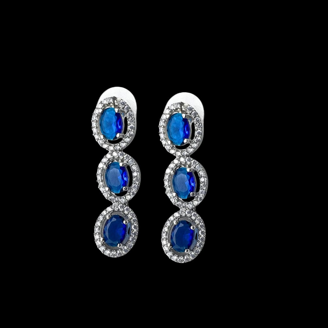 Elegant American Diamond Necklace and Earrings Set with Deep Blue Oval Stones