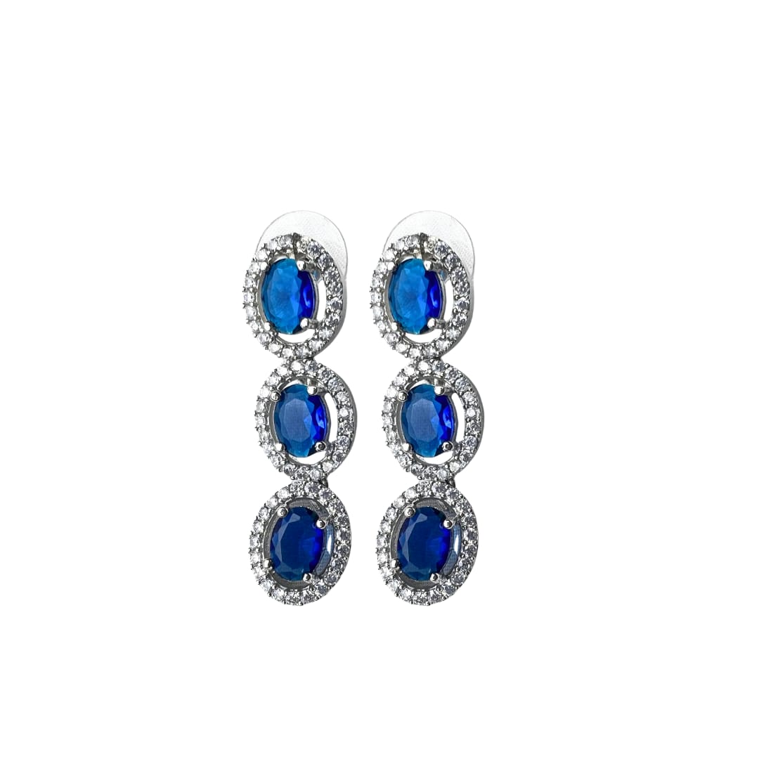 Elegant American Diamond Necklace and Earrings Set with Deep Blue Oval Stones